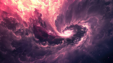 Wall Mural - A photographic depiction of an ethereal nebula, swirling violet and pink hues, sparkling stardust particles, soft glowing light emanating from the center, deep space background