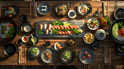 Japanese restaurant dinner table spread in top-down view, array of beautifully plated sushi, sashimi, tempura, surrounded, fresh salads, traditional Japanese food