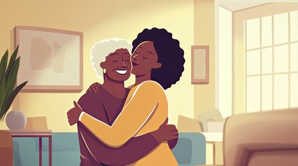 A caregiver lovingly hugs an elderly woman in her home. 