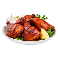 A roasted grilled chicken on a plate or wood on a white background