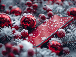 Wall Mural -  A red phone surrounded by colorful Christmas balls and a light dusting of snow, evoking a festive winter atmosphere.