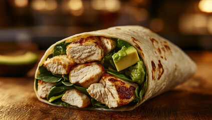 Wall Mural - A grilled chicken wrap filled with creamy avocado and fresh spinach, wrapped in a whole grain tortilla