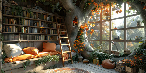 A charming tree house nestled in a tree, surrounded by bookshelves filled with colorful books, inviting exploration and imagination