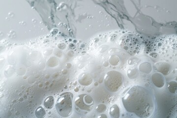 Sudsy bubbles rising on a white marble surface in a bright, serene setting