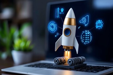 Aufkleber - Rocket Emerging from Laptop Screen with Floating Symbols in Blue Space Background