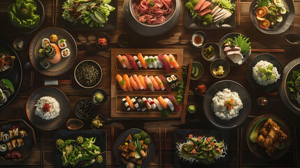 Japanese restaurant dinner table spread in top-down view, array of beautifully plated sushi, sashimi, tempura, surrounded, fresh salads, traditional Japanese food