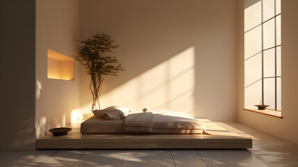 Wall Mural - Serene minimalist bedroom interior design with wooden platform bed, indoor plant, large window and soft natural lighting