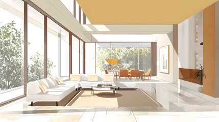 Wall Mural - Modern interior living room with floor-to-ceiling windows, contemporary furniture, dining area, open space, and natural lighting