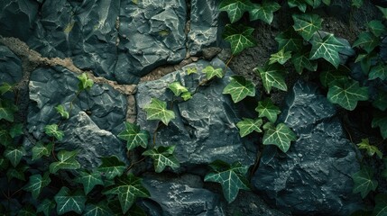 Canvas Print - Green ivy on aged stone wall background. Creative wallpaper and backdrop for design. Natural vine colors and green silhouettes on rock surface.