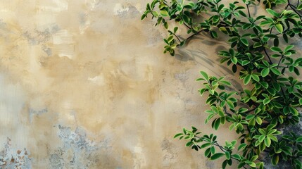 Sticker - Sunlit green foliage against a beige plaster wall