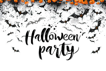 'Halloween Party' invitation design with bats and pumpkins, featuring a modern black and white theme for event announcements.