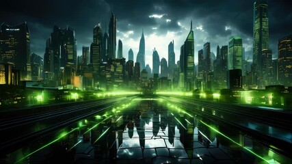 Poster - A high-tech big city with big data and energetic glowing information flows. Concept of a large modern digital city