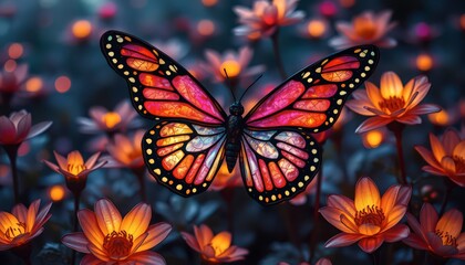 Canvas Print - luminous butterfly among flowers.