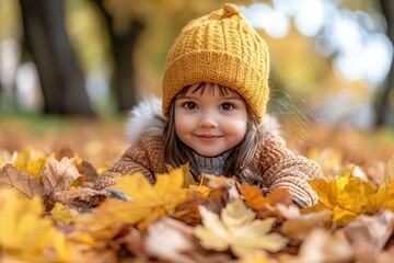 little girl in the park picking up yellow leaves