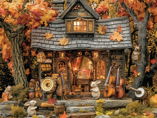 Wall Mural - A small house with a porch and a fireplace. The house is surrounded by trees and leaves. There are several musical instruments, including a cello, a guitar, and a drum