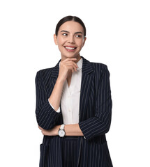 Wall Mural - Beautiful woman in black striped suit on white background