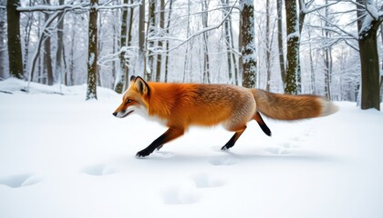 Sticker - Red Fox Running Through Snowy Forest.