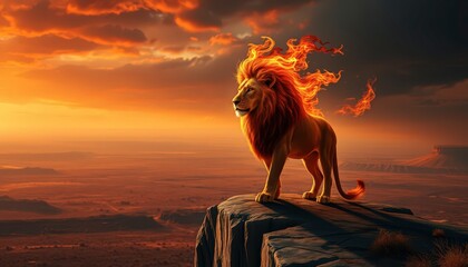 Sticker - Fiery Lion on Clifftop at Sunset.