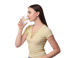 Wall Mural - Woman drinking water with lemon on white background