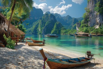 Wall Mural - Tropical Beach Scene with Boats and Lush Mountains