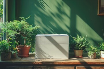 Poster - White Election Box with Plants on Wooden Table Against Green Wall
