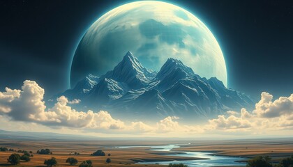 Wall Mural - Giant Moon Above Mountain Range and River Valley.
