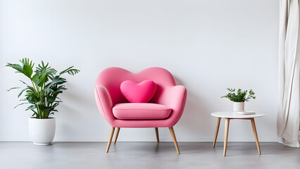 Stylish pink armchair with heart shaped pillow in a bright minimalist interior