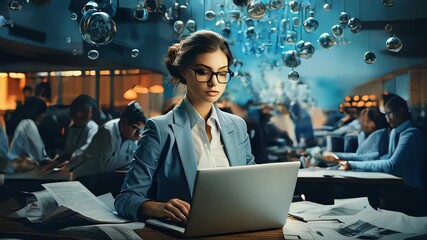 Poster - A beautiful businesswoman stayed late at work, a female manager in the office against the backdrop of a window overlooking the city at night. Concept business finance office work career and success