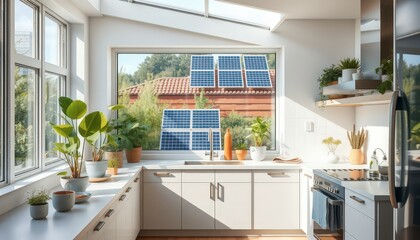 Poster - Modern kitchen interior with solar panels and plants.