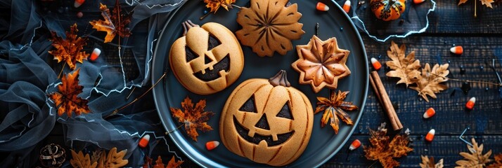 Wall Mural - Halloween themed plate with pumpkin shaped cookies and festive decor