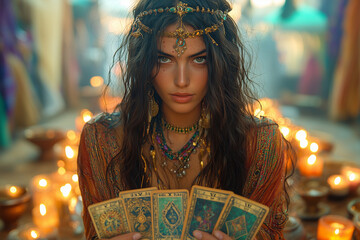 A woman performing a tarot reading in a serene indoor setting, captured in a mystical atmosphere with soft natural light and ambient lighting.