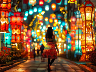 Sticker - A woman is walking down a street with many colorful lights. The lights are bright and colorful, creating a festive atmosphere. The woman is wearing a dress and she is enjoying the lively scene