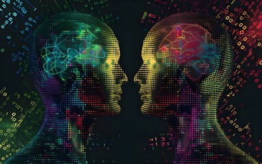 A vector illustration of two heads made up entirely from digital data and code, symbolizing the connection between humans and technology. 