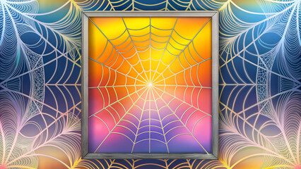 Framed rainbow-colored spider web against a vibrant gradient background