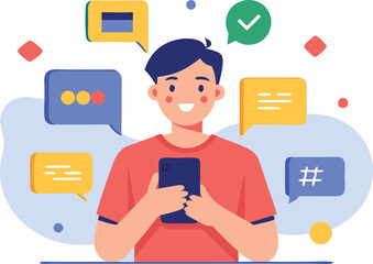 Poster - A young man smiles while holding a smartphone, surrounded by various speech bubbles and icons representing digital conversation.