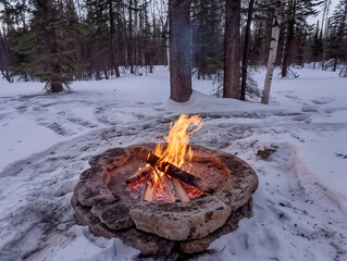 Wall Mural - A fire is burning in a fire pit in the snow. The fire is surrounded by logs and the snow is piled around it. The scene is peaceful and serene