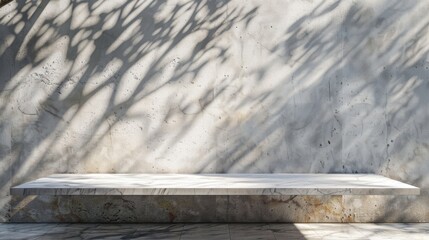 Sticker - Marble Table with Tree Shadow on Concrete Wall Background for Product Presentation.