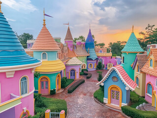 Wall Mural - A colorful town with many houses and a castle. The houses are all different colors and the castle is pink