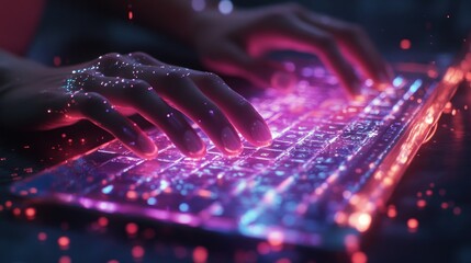 Poster - Close-up of Hands Typing on a Glowing Keyboard