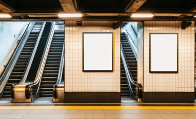 Media mockup of ads displayed in an escalator of a NYC subway station. 3D illustration.