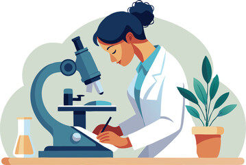 Poster - a scientist analyzes samples at a microscope while taking notes in a laboratory.