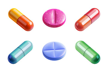 Set of colorful medical pills or capsules of various kinds isolated on transparent background. Tablet, vitamin and food supplement. Medical and healthcare concept. Collection of tablets for design