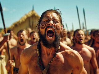 Wall Mural - A man with a beard and a necklace is yelling at a group of people. Scene is intense and aggressive