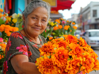 Sticker - A woman is holding a bouquet of flowers. She is smiling and she is happy. The flowers are orange and yellow, and they are arranged in a vase. The scene takes place on a street, with cars