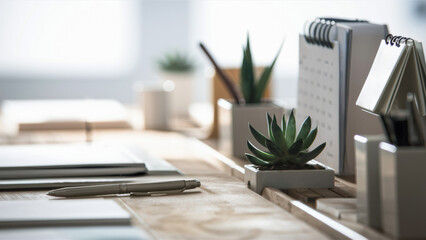 Canvas Print - A desk with a pen, notebook and plant on it, AI