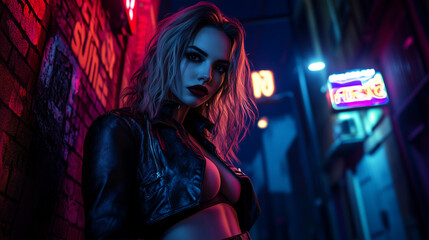 woman in leather jacket in neon-lit alleyway