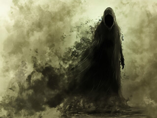 Wall Mural - A dark figure with a hooded cape is standing in a misty, foggy atmosphere. Scene is eerie and ominous, with the figure appearing to be a ghost or a spirit