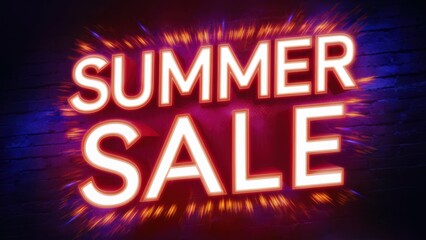 Poster - A neon sign that says summer sale on a brick wall, AI