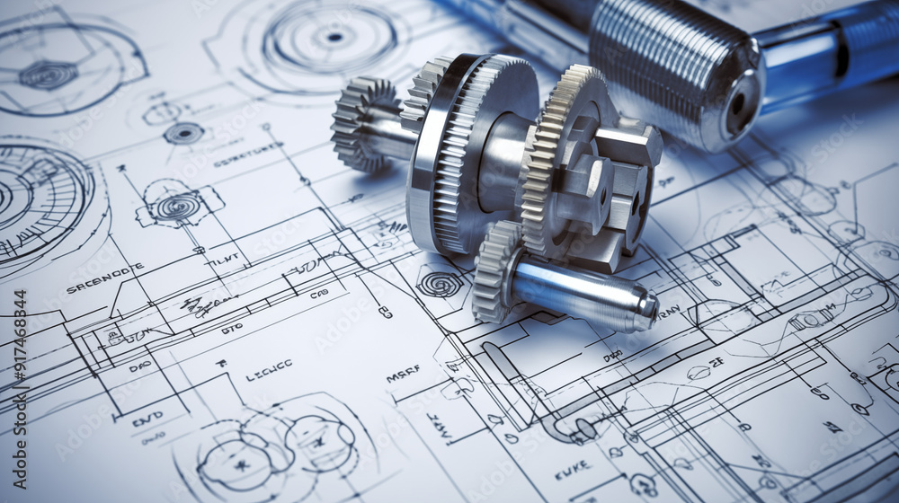Technical Gears And Blueprint With Drafting Tools Close-Up Industrial ...