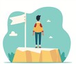 © Qstock - Illustrated Achievement Concept with Person Standing on Mountain Peak Next to Flag .